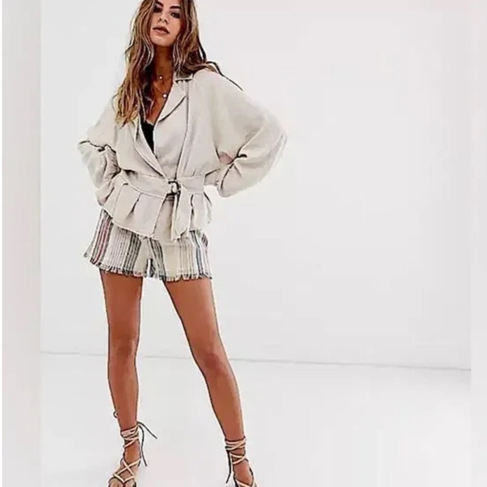 Free People Women's Joani Linen Rayon Ruffle Jacket Top Cream Buckle Front Small